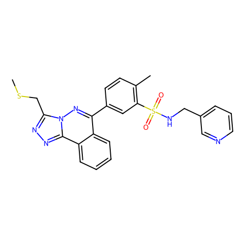 2-methyl-5-(3-((methylthio)methyl)-[1,2,4]triazolo[3,4-a]phthalazin-6-yl)-N-(pyridin-3-ylmethyl)benzenesulfonamide structure