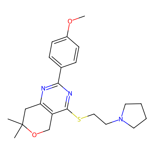 2-(4-methoxyphenyl)-7,7-dimethyl-4-((2-(pyrrolidin-1-yl)ethyl)thio)-7,8-dihydro-5H-pyrano[4,3-d]pyrimidine structure
