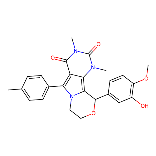 10-(3-hydroxy-4-methoxyphenyl)-1,3-dimethyl-5-(4-methylphenyl)-1,7,8,10-tetrahydro-2H-pyrimido[4',5':3,4]pyrrolo[2,1-c][1,4]oxazine-2,4(3H)-dione structure