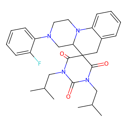 3'-(2-fluorophenyl)-1,3-bis(2-methylpropyl)spiro[1,3-diazinane-5,5'-2,4,4a,6-tetrahydro-1H-pyrazino[1,2-a]quinoline]-2,4,6-trione structure