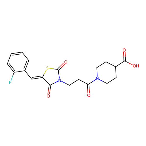 1-{3-[(5Z)-5-(2-fluorobenzylidene)-2,4-dioxo-1,3-thiazolidin-3-yl]propanoyl}piperidine-4-carboxylic acid structure