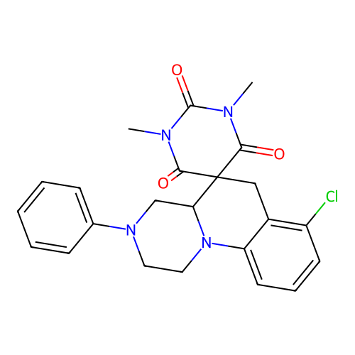 7'-chloro-1,3-dimethyl-3'-phenylspiro[1,3-diazinane-5,5'-2,4,4a,6-tetrahydro-1H-pyrazino[1,2-a]quinoline]-2,4,6-trione structure