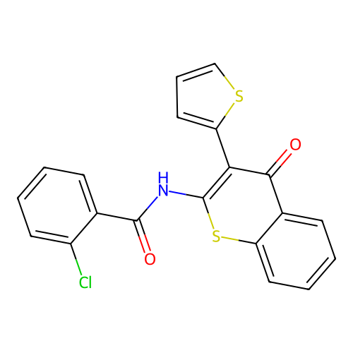 2-chloro-N-(4-oxo-3-(thiophen-2-yl)-4H-thiochromen-2-yl)benzamide structure