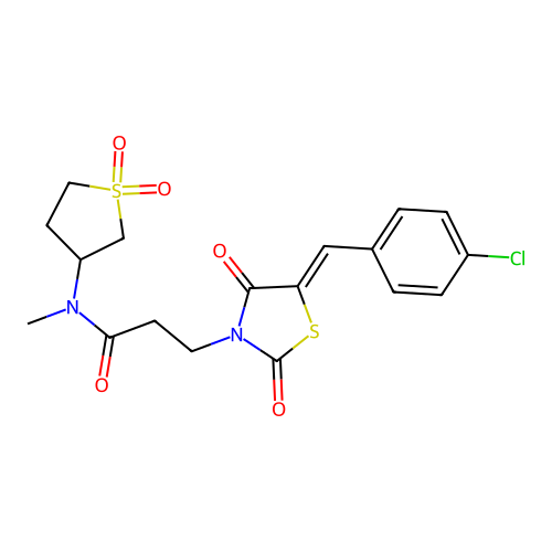 3-[(5Z)-5-(4-chlorobenzylidene)-2,4-dioxo-1,3-thiazolidin-3-yl]-N-(1,1-dioxidotetrahydrothiophen-3-yl)-N-methylpropanamide structure