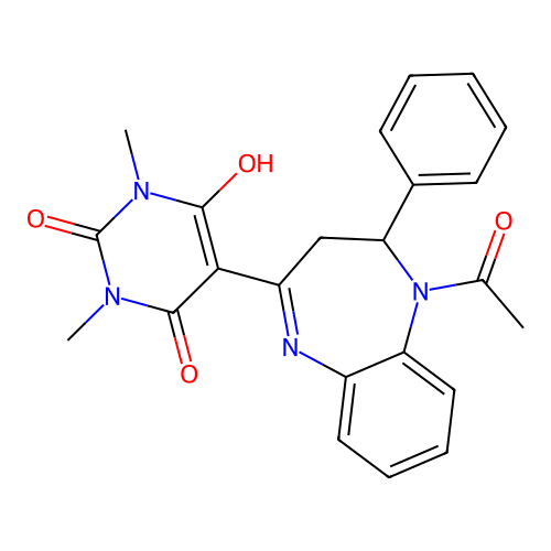 5-(5-acetyl-4-phenyl-1,3,4,5-tetrahydro-2H-1,5-benzodiazepin-2-ylidene)-1,3-dimethylpyrimidine-2,4,6(1H,3H,5H)-trione structure