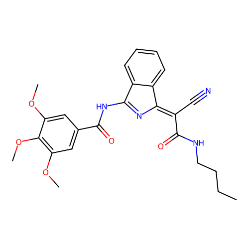 (Z)-N-(1-(2-(butylamino)-1-cyano-2-oxoethylidene)-1H-isoindol-3-yl)-3,4,5-trimethoxybenzamide structure