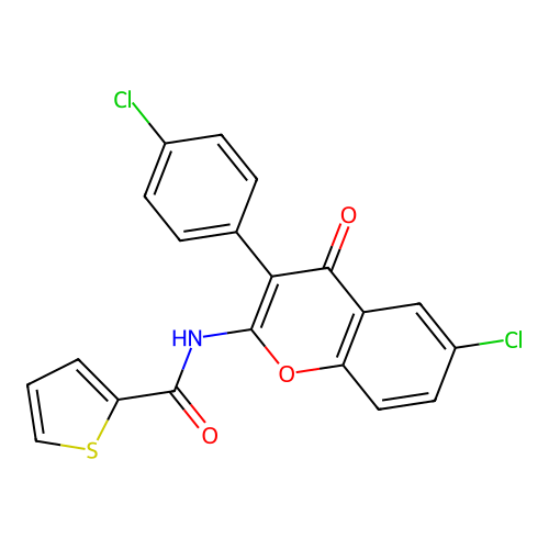 N-(6-chloro-3-(4-chlorophenyl)-4-oxo-4H-chromen-2-yl)thiophene-2-carboxamide structure