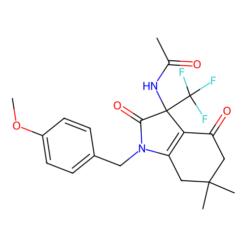N-(1-(4-methoxybenzyl)-6,6-dimethyl-2,4-dioxo-3-(trifluoromethyl)-2,3,4,5,6,7-hexahydro-1H-indol-3-yl)acetamide structure