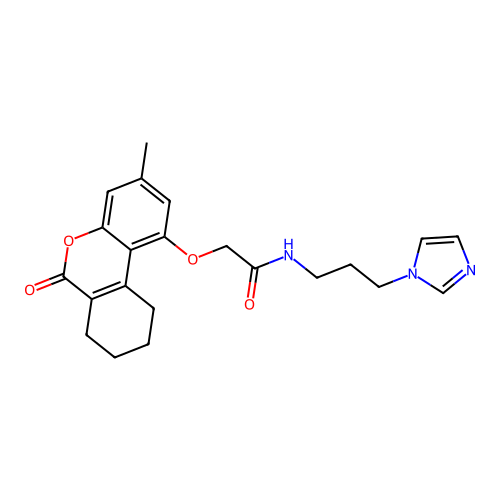 N-(3-(1H-imidazol-1-yl)propyl)-2-((3-methyl-6-oxo-7,8,9,10-tetrahydro-6H-benzo[c]chromen-1-yl)oxy)acetamide structure