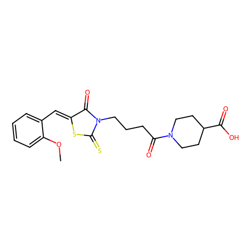 1-{4-[(5Z)-5-(2-methoxybenzylidene)-4-oxo-2-thioxo-1,3-thiazolidin-3-yl]butanoyl}piperidine-4-carboxylic acid structure