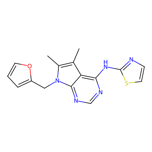 N-[7-(furan-2-ylmethyl)-5,6-dimethylpyrrolo[2,3-d]pyrimidin-4-yl]-1,3-thiazol-2-amine structure