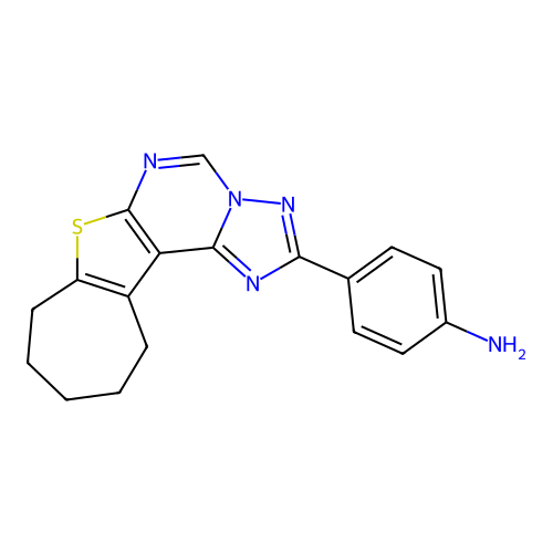 4-(9,10,11,12-tetrahydro-8H-cyclohepta[4,5]thieno[3,2-e][1,2,4]triazolo[1,5-c]pyrimidin-2-yl)aniline structure