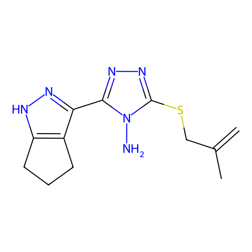 3-((2-methylallyl)thio)-5-(1,4,5,6-tetrahydrocyclopenta[c]pyrazol-3-yl)-4H-1,2,4-triazol-4-amine structure