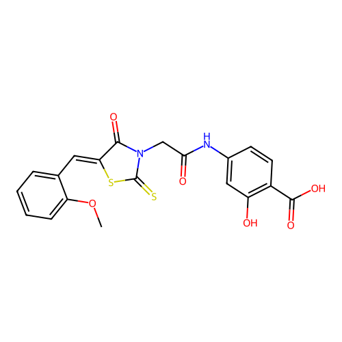(Z)-2-hydroxy-4-(2-(5-(2-methoxybenzylidene)-4-oxo-2-thioxothiazolidin-3-yl)acetamido)benzoic acid structure