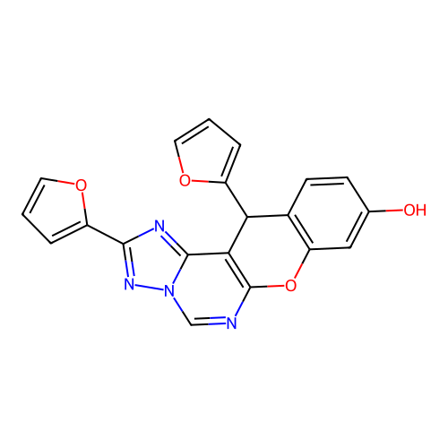 2,12-di(furan-2-yl)-12H-chromeno[3,2-e][1,2,4]triazolo[1,5-c]pyrimidin-9-ol structure