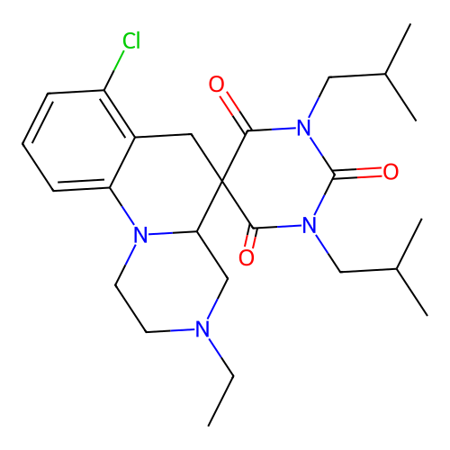 7'-chloro-3'-ethyl-1,3-bis(2-methylpropyl)spiro[1,3-diazinane-5,5'-2,4,4a,6-tetrahydro-1H-pyrazino[1,2-a]quinoline]-2,4,6-trione structure