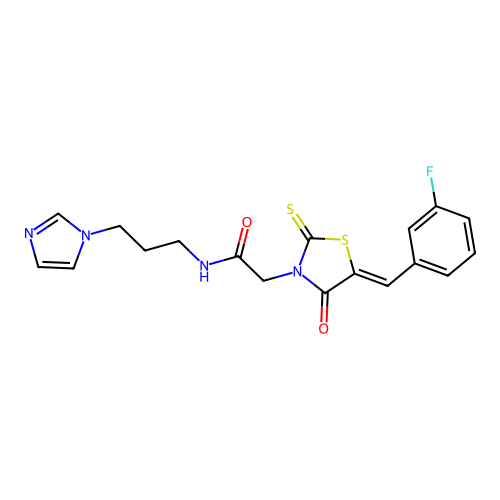 2-[(5Z)-5-(3-fluorobenzylidene)-4-oxo-2-thioxo-1,3-thiazolidin-3-yl]-N-[3-(1H-imidazol-1-yl)propyl]acetamide structure