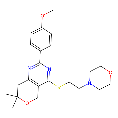 2-(4-methoxyphenyl)-7,7-dimethyl-4-(2-morpholin-4-ylethylsulfanyl)-5,8-dihydropyrano[4,3-d]pyrimidine structure