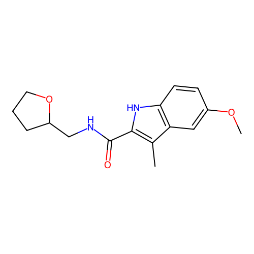 5-methoxy-3-methyl-N-(tetrahydrofuran-2-ylmethyl)-1H-indole-2-carboxamide structure