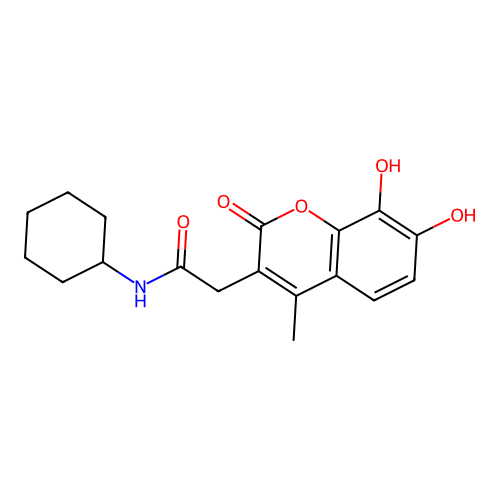 N-cyclohexyl-2-(7,8-dihydroxy-4-methyl-2-oxo-2H-chromen-3-yl)acetamide structure