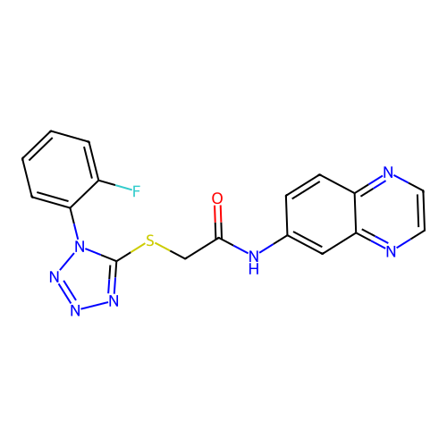 2-((1-(2-fluorophenyl)-1H-tetrazol-5-yl)thio)-N-(quinoxalin-6-yl)acetamide structure