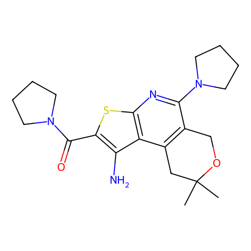 (1-amino-8,8-dimethyl-5-(pyrrolidin-1-yl)-8,9-dihydro-6H-pyrano[4,3-d]thieno[2,3-b]pyridin-2-yl)(pyrrolidin-1-yl)methanone structure