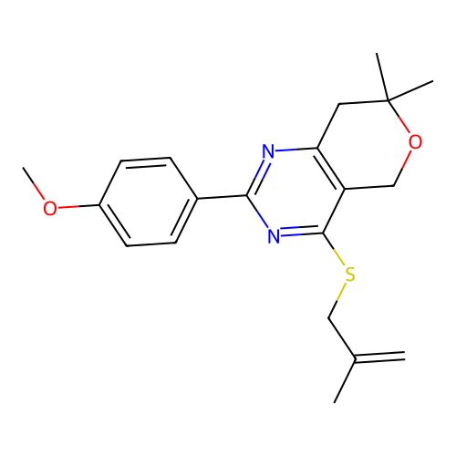 2-(4-methoxyphenyl)-7,7-dimethyl-4-((2-methylallyl)thio)-7,8-dihydro-5H-pyrano[4,3-d]pyrimidine structure