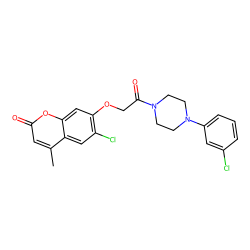 6-chloro-7-(2-(4-(3-chlorophenyl)piperazin-1-yl)-2-oxoethoxy)-4-methyl-2H-chromen-2-one structure