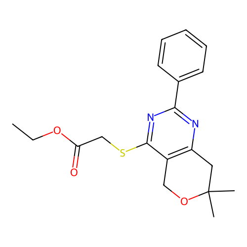 ethyl 2-((7,7-dimethyl-2-phenyl-7,8-dihydro-5H-pyrano[4,3-d]pyrimidin-4-yl)thio)acetate structure
