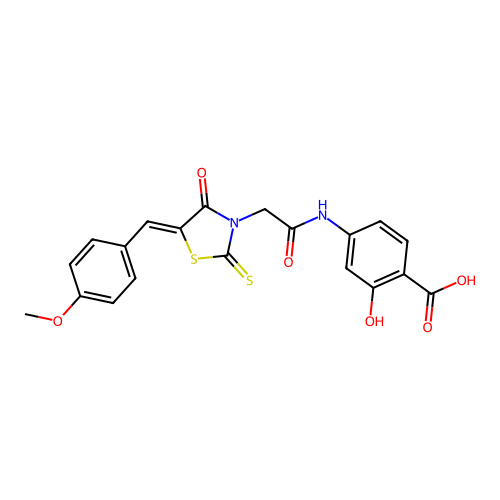 (Z)-2-hydroxy-4-(2-(5-(4-methoxybenzylidene)-4-oxo-2-thioxothiazolidin-3-yl)acetamido)benzoic acid structure