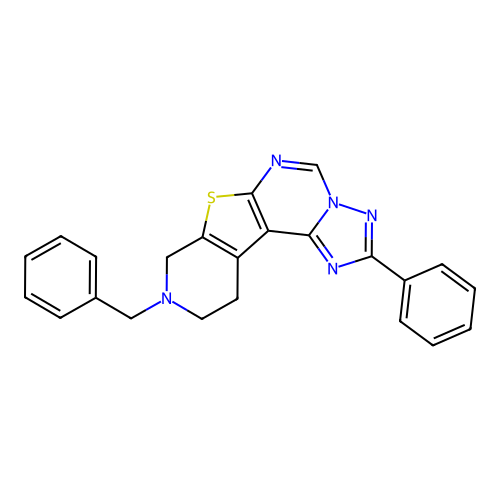 9-benzyl-2-phenyl-8,9,10,11-tetrahydropyrido[4',3':4,5]thieno[3,2-e][1,2,4]triazolo[1,5-c]pyrimidine structure