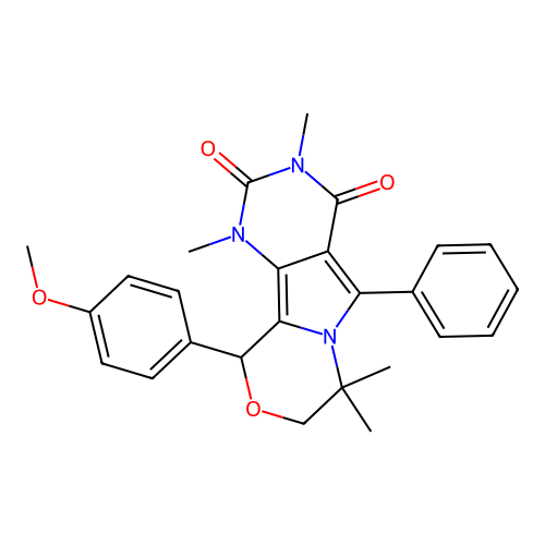 10-(4-methoxyphenyl)-1,3,7,7-tetramethyl-5-phenyl-1,7,8,10-tetrahydro-2H-pyrimido[4',5':3,4]pyrrolo[2,1-c][1,4]oxazine-2,4(3H)-dione structure