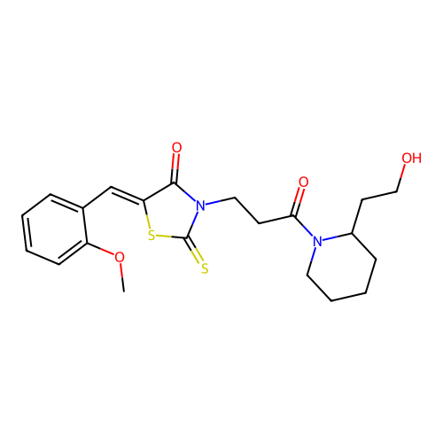 (Z)-3-(3-(2-(2-hydroxyethyl)piperidin-1-yl)-3-oxopropyl)-5-(2-methoxybenzylidene)-2-thioxothiazolidin-4-one structure
