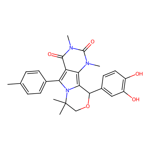 10-(3,4-dihydroxyphenyl)-1,3,7,7-tetramethyl-5-(4-methylphenyl)-1,7,8,10-tetrahydro-2H-pyrimido[4',5':3,4]pyrrolo[2,1-c][1,4]oxazine-2,4(3H)-dione structure