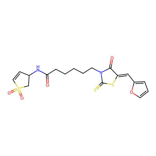 N-(1,1-dioxido-2,3-dihydrothiophen-3-yl)-6-[(5Z)-5-(furan-2-ylmethylidene)-4-oxo-2-thioxo-1,3-thiazolidin-3-yl]hexanamide structure