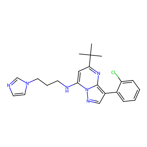 5-tert-butyl-3-(2-chlorophenyl)-N-[3-(1H-imidazol-1-yl)propyl]pyrazolo[1,5-a]pyrimidin-7-amine structure