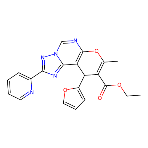 ethyl 10-(furan-2-yl)-8-methyl-2-(pyridin-2-yl)-10H-pyrano[3,2-e][1,2,4]triazolo[1,5-c]pyrimidine-9-carboxylate structure