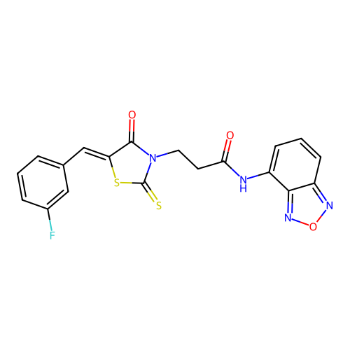 N-(2,1,3-benzoxadiazol-4-yl)-3-[(5Z)-5-(3-fluorobenzylidene)-4-oxo-2-thioxo-1,3-thiazolidin-3-yl]propanamide structure