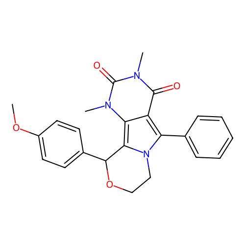 10-(4-methoxyphenyl)-1,3-dimethyl-5-phenyl-1,7,8,10-tetrahydro-2H-pyrimido[4',5':3,4]pyrrolo[2,1-c][1,4]oxazine-2,4(3H)-dione structure