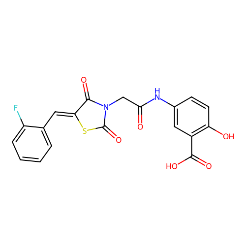 5-({[(5Z)-5-(2-fluorobenzylidene)-2,4-dioxo-1,3-thiazolidin-3-yl]acetyl}amino)-2-hydroxybenzoic acid structure