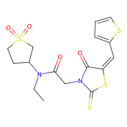 (E)-N-(1,1-dioxidotetrahydrothiophen-3-yl)-N-ethyl-2-(4-oxo-5-(thiophen-2-ylmethylene)-2-thioxothiazolidin-3-yl)acetamide structure
