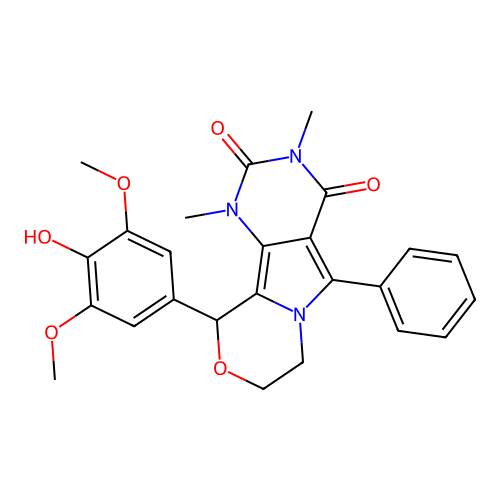 10-(4-hydroxy-3,5-dimethoxyphenyl)-1,3-dimethyl-5-phenyl-1,7,8,10-tetrahydro-2H-pyrimido[4',5':3,4]pyrrolo[2,1-c][1,4]oxazine-2,4(3H)-dione structure