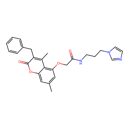 2-(3-benzyl-4,7-dimethyl-2-oxo-chromen-5-yl)oxy-N-(3-imidazol-1-ylpropyl)acetamide structure