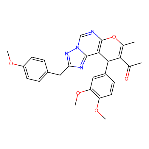 1-(10-(3,4-dimethoxyphenyl)-2-(4-methoxybenzyl)-8-methyl-10H-pyrano[3,2-e][1,2,4]triazolo[1,5-c]pyrimidin-9-yl)ethanone structure
