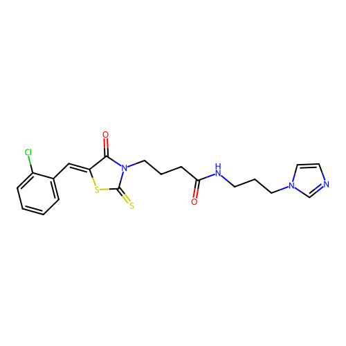 4-[(5Z)-5-(2-chlorobenzylidene)-4-oxo-2-thioxo-1,3-thiazolidin-3-yl]-N-[3-(1H-imidazol-1-yl)propyl]butanamide structure