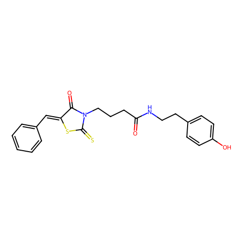4-[(5Z)-5-benzylidene-4-oxo-2-thioxo-1,3-thiazolidin-3-yl]-N-[2-(4-hydroxyphenyl)ethyl]butanamide structure