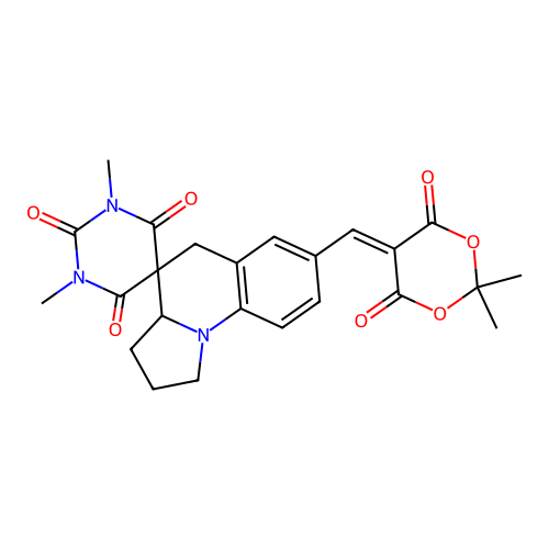 7'-((2,2-dimethyl-4,6-dioxo-1,3-dioxan-5-ylidene)methyl)-1,3-dimethyl-2',3',3a',5'-tetrahydro-1H,1'H-spiro[pyrimidine-5,4'-pyrrolo[1,2-a]quinoline]-2,4,6(3H)-trione structure