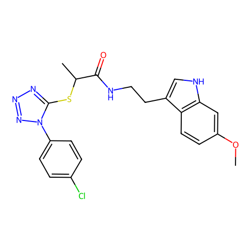 2-[1-(4-chlorophenyl)tetrazol-5-yl]sulfanyl-N-[2-(6-methoxy-1H-indol-3-yl)ethyl]propanamide structure