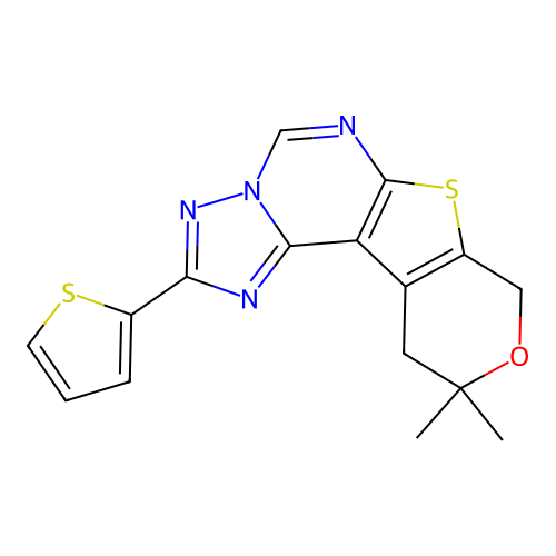 10,10-dimethyl-2-(thiophen-2-yl)-10,11-dihydro-8H-pyrano[4',3':4,5]thieno[3,2-e][1,2,4]triazolo[1,5-c]pyrimidine structure