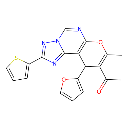 1-(10-(furan-2-yl)-8-methyl-2-(thiophen-2-yl)-10H-pyrano[3,2-e][1,2,4]triazolo[1,5-c]pyrimidin-9-yl)ethanone structure